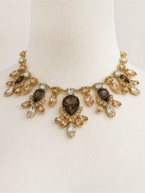 Vintage Gold Statement Necklace With Multicolored Crystal Accents Adjustable Cha
